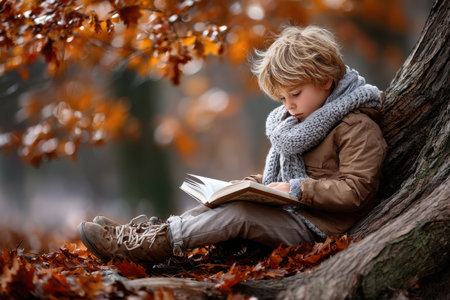 A child sits against a tree, engrossed in a book surrounded by vibrant autumn foliage.の素材