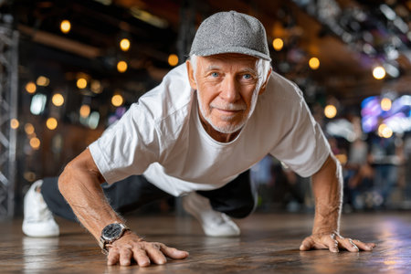 A senior man showcases his strength by doing push-ups in a lively dance studio, surrounded by energetic participants.の素材