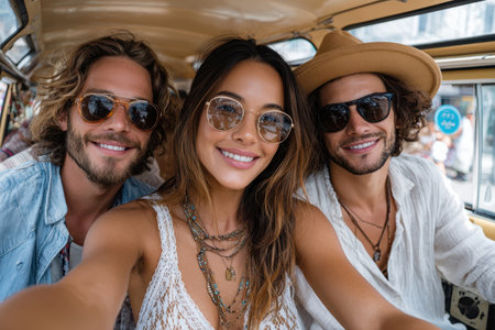 Three friends smile brightly while taking a selfie in a vintage van on a sunny day, enjoying their time together.の素材