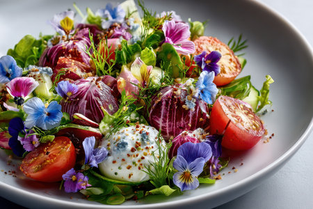 Closeup of a colorful salad with edible flowers, tomatoes, and radicchioの素材