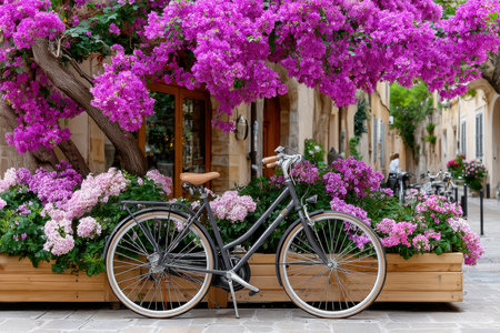 A vintage bicycle leans against a wooden planter filled with blooming bougainvillea in a quaint village setting.の素材