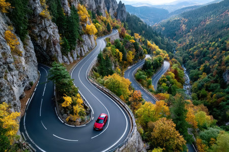 Aerial view of a red car driving on a winding mountain road in autumnの素材