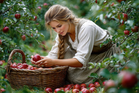 A woman with long hair collects ripe apples in a basket, surrounded by green trees on a clear day.の素材