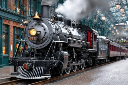 A classic steam engine stands at a historic train station, emitting steam while rain falls gently.の素材