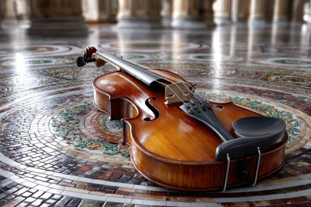 A violin lies elegantly on a beautifully patterned mosaic floor in a grand, historic location.の素材