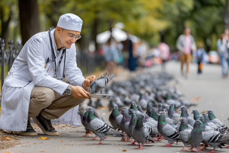 A man in a white coat interacts with a flock of pigeons in a park setting on a warm, sunny day.の素材