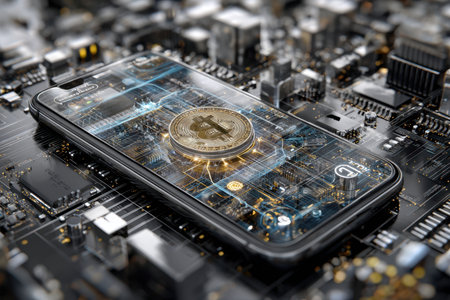 A mobile phone displays a bitcoin on its screen amid intricate circuit board details, symbolizing digital finance.の素材