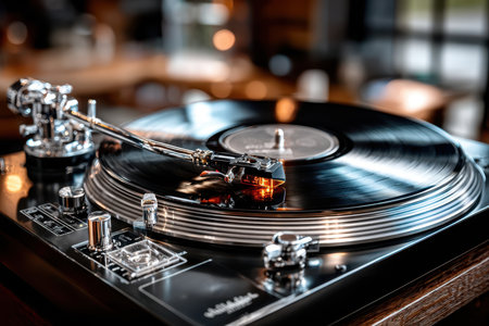 A close-up of a vinyl record playing on a vintage turntable, evoking nostalgia and music, shot under soft window light, using a macro lens, with a hidden message in the record groovesの素材