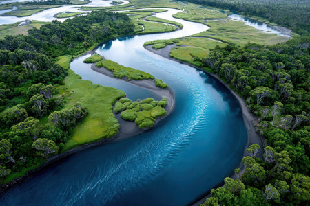 Aerial view of a winding blue river flowing through a lush green forestの素材