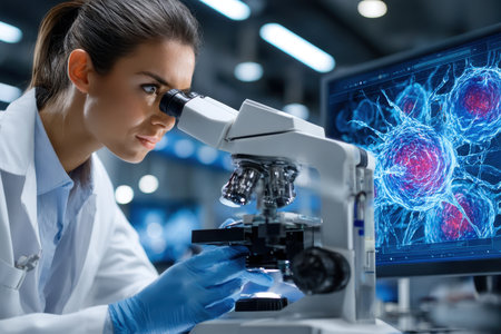 Young scientist analyzes cell structures using a microscope in a cutting-edge lab environment.の素材