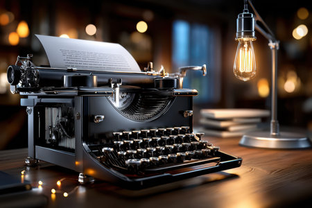A shot of a vintage typewriter with a blank sheet of paper, lit by a single desk lamp, using a 50mm lens to evoke a sense of anticipation and creativityの素材