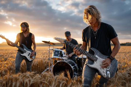 Three musicians play electric guitars and drums in a vibrant wheat field at sunset, enjoying their passion.の素材