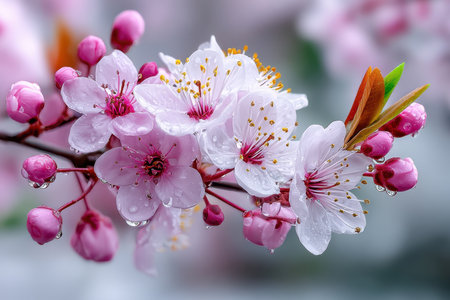 A close-up of a blooming cherry blossom tree, under bright, natural light, shot with a macro lens, symbolizing the fleeting beauty of lifeの素材