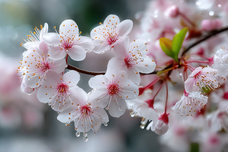 Closeup of delicate cherry blossoms with sparkling raindropsの素材