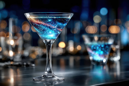 A martini glass filled with a swirling galaxy sits on a bar counterの素材