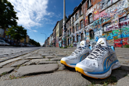 A pair of running shoes sits on a cobblestone street with a graffiti-covered building in the backgroundの素材