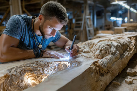 A craftsman meticulously carves a wooden tiger sculpture, focusing on fine details in a serene workshop.の素材