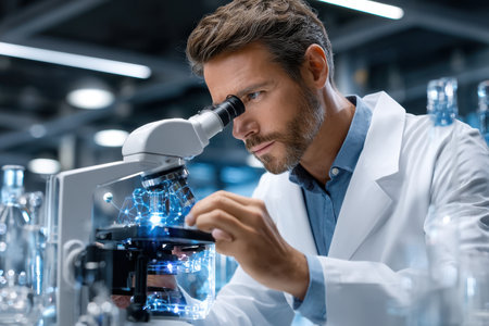 A scientist examines samples through a microscope in a well-equipped laboratory, focused on research.の素材