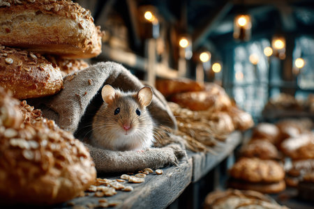 A small mouse sits among fresh bread loaves in a bakeryの素材