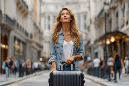 A woman stands confidently with her suitcase in a busy city street, looking up and smiling as she enjoys her travels.の素材