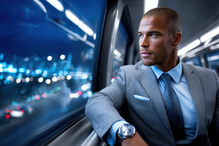 A well-dressed man in a suit looks pensively out the window during his commute at night.の素材