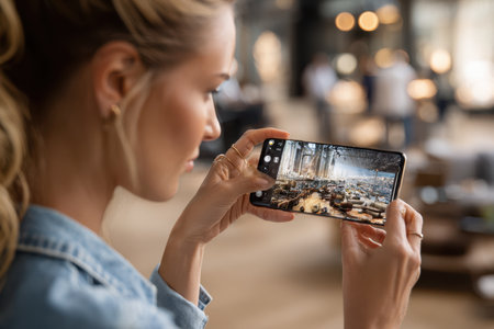 A woman enjoys taking photos of a busy cafe filled with patrons and unique decor while sunlight streams in.の素材