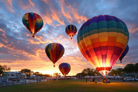 Hot air balloons ascend into a vibrant sunset sky over a festival with spectatorsの素材