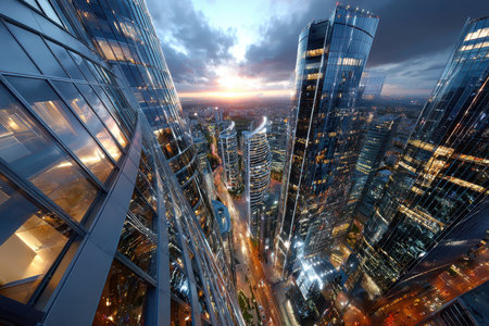 Aerial view of illuminated skyscrapers in a city at sunsetの素材