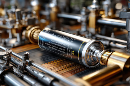 A can of lubricating spray rests on vibrant metal gears within a busy workshop during daylight hours.の素材