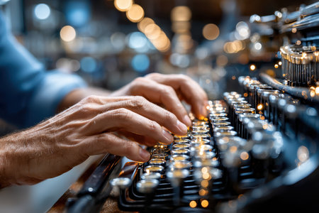 Closeup of hands typing on a vintage typewriter in a softly lit settingの素材