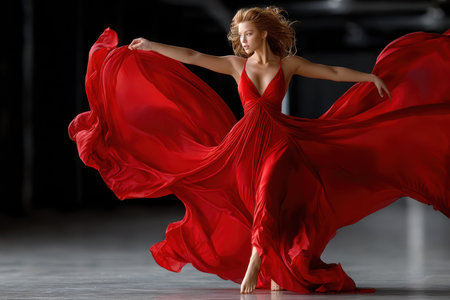 A dancer showcases her talent in a stunning red dress, moving gracefully in an indoor studio space.の素材