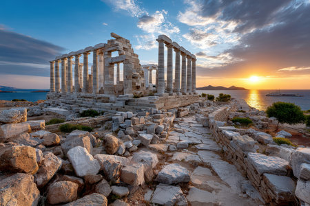 Ancient Greek temple ruins on a rocky coast at sunsetの素材