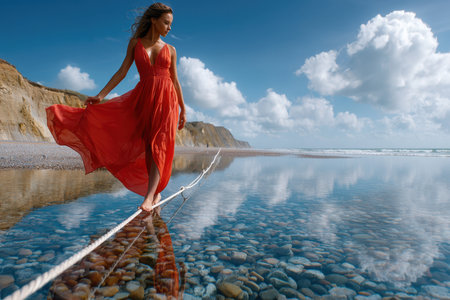 A woman gracefully walks along a rope over tranquil waters, surrounded by beautiful cliffs and clouds.の素材