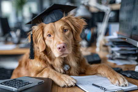 A golden retriever in a graduation cap looks thoughtfully at a desk filled with papers and a laptop.の素材
