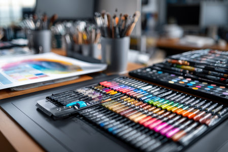 Artistic workspace showcases a variety of colorful markers, pens, and brushes organized for easy access.の素材