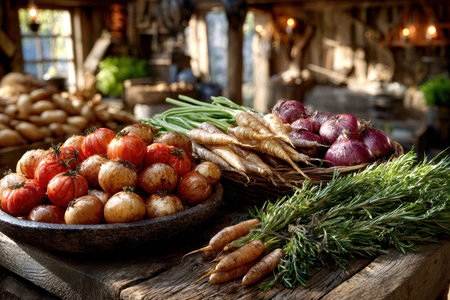 Freshly harvested vegetables arranged on a rustic wooden table indoorsの素材