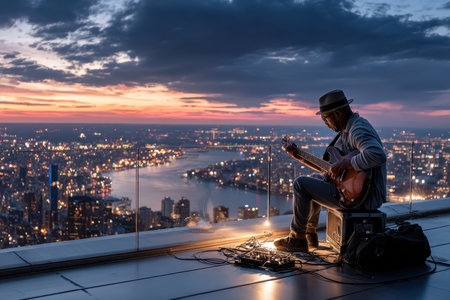 A musician plays bass guitar on a rooftop overlooking a city at sunsetの素材