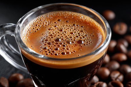 Closeup of espresso in a glass cup with coffee beansの素材