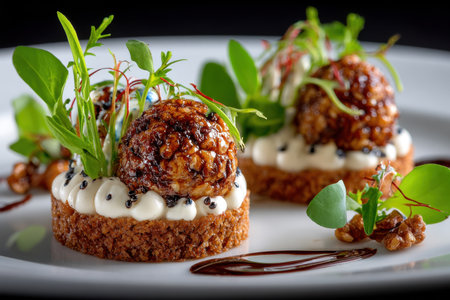 Two small appetizers garnished with candied walnuts and microgreens on a white plateの素材