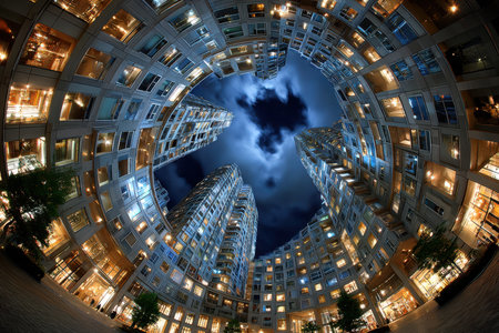 A fisheye view of a circular building complex at nightの素材