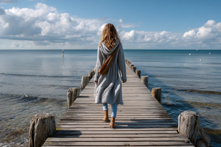 A woman strolls along a rustic wooden pier leading to calm waters on a clear day.の素材