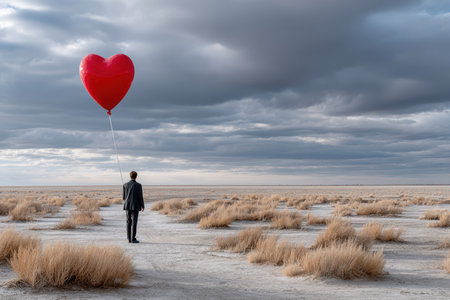 A man in a suit stands alone in a dry landscape, holding a large red heart balloon against a cloudy sky.の素材