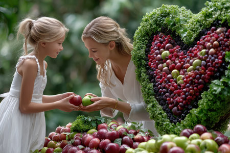 A joyful moment between a mother and daughter as they exchange apples at a colorful market surrounded by greenery.の素材