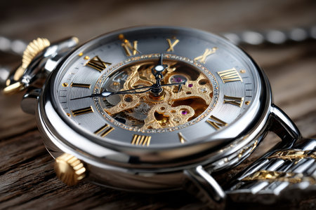Closeup of a silver and gold skeleton watch on a wooden surfaceの素材
