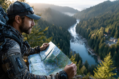A backpacker examines a map with a river valley and forest in the background as the sun rises.の素材