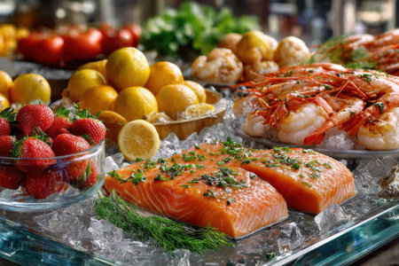 Fresh seafood, salmon, shrimp, and fruit arranged on a bed of iceの素材