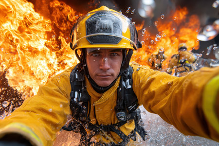 A firefighter battles a raging fire, spraying water everywhereの素材