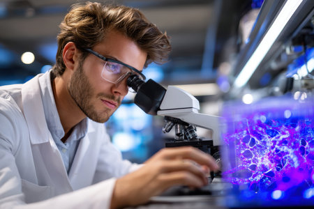 A scientist examines samples through a microscope in a modern lab settingの素材