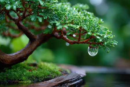 Closeup of a small bonsai tree with a water droplet on a leafの素材