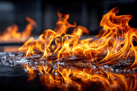 Closeup view of flames burning on a water surface, reflecting intenselyの素材